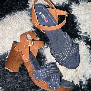 JustFab Denim and Brown Heeled Sandals